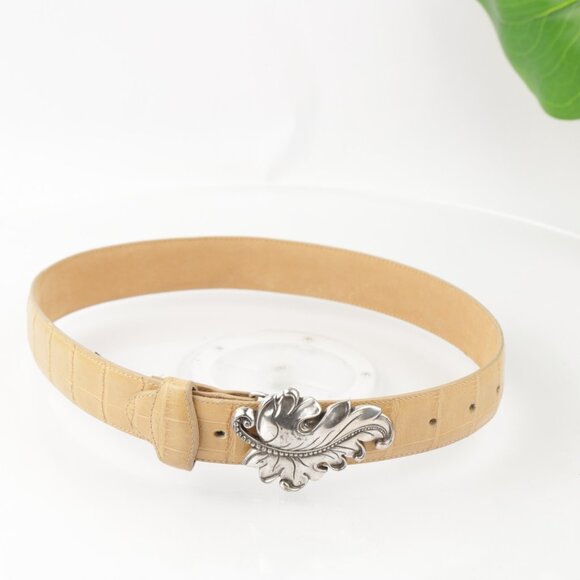 Vintage Brighton Women's Belt Size S Small Tan Beige Croc Leather Leaf Buckle - Picture 2 of 12